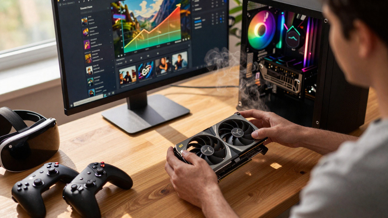 Pessoa segurando placa de vídeo com fumaça, dois controles, headset VR e computador gamer com LED colorido.