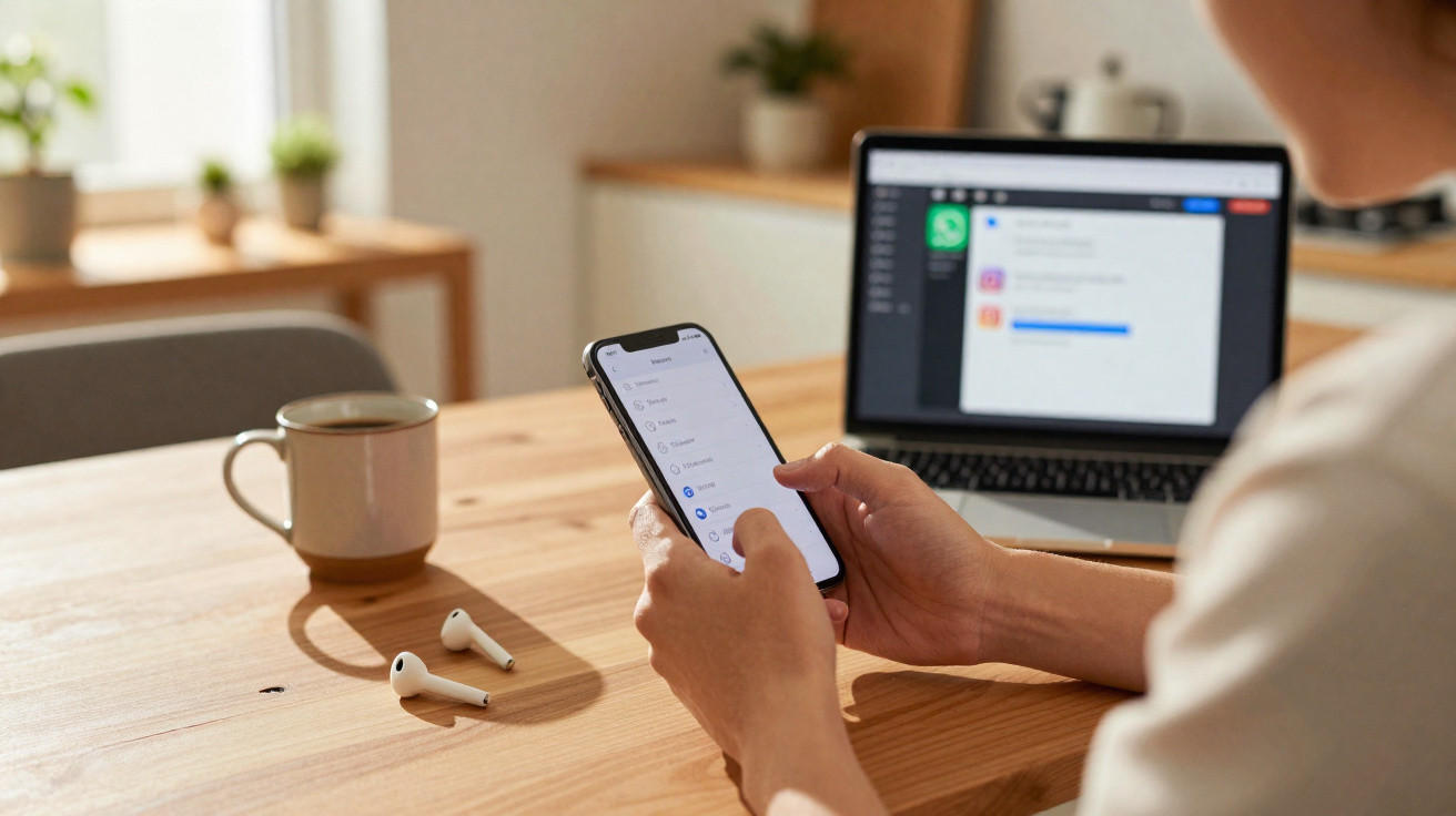 Pessoa segurando celular em mesa de madeira com fones e caneca, laptop aberto ao fundo em ambiente interno.