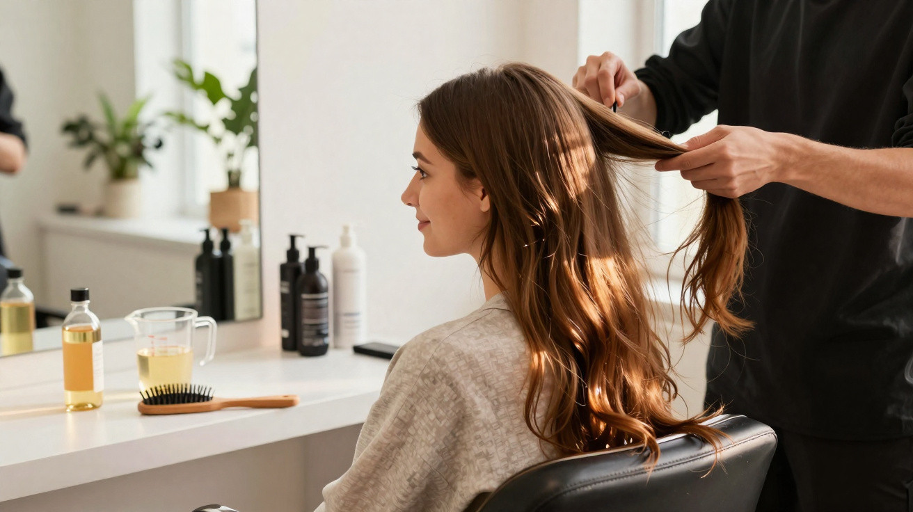 Mulher sentada em salão tendo o cabelo penteado por cabeleireiro, com produtos e espelho ao fundo.