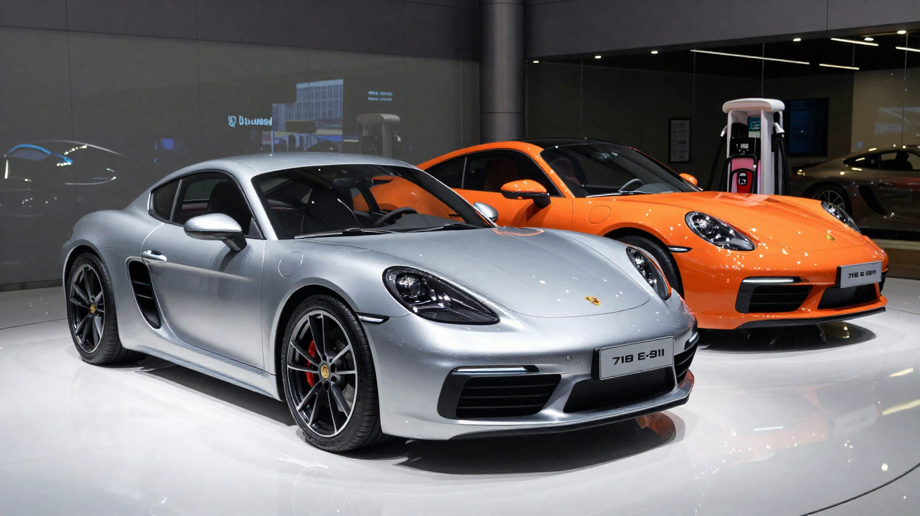 Dois carros esportivos Porsche estacionados em um showroom, um prata e outro laranja, modelo 718 E-911.