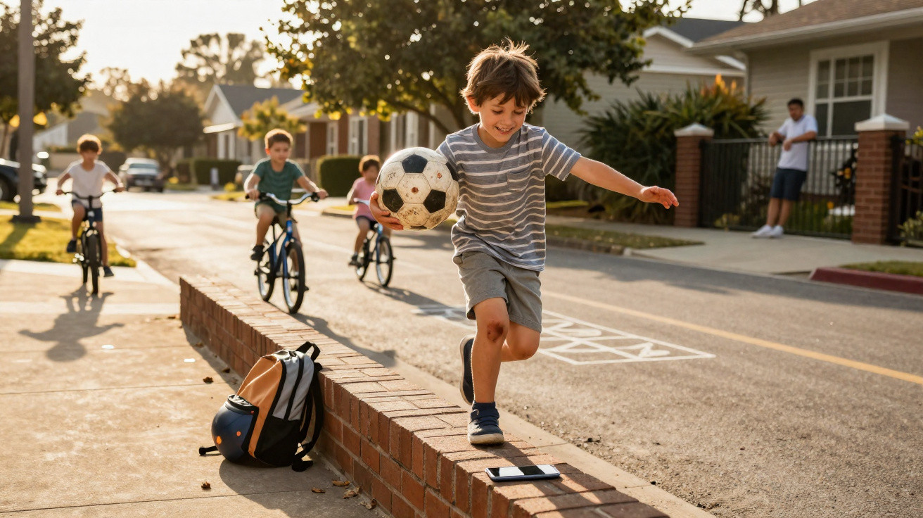 Criança sorrindo corre segurando bola de futebol enquanto três outras andam de bicicleta em rua residencial.