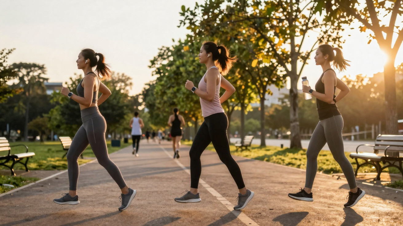 Mulheres caminhando e correndo em parque ao ar livre no início da manhã com árvores e bancos.