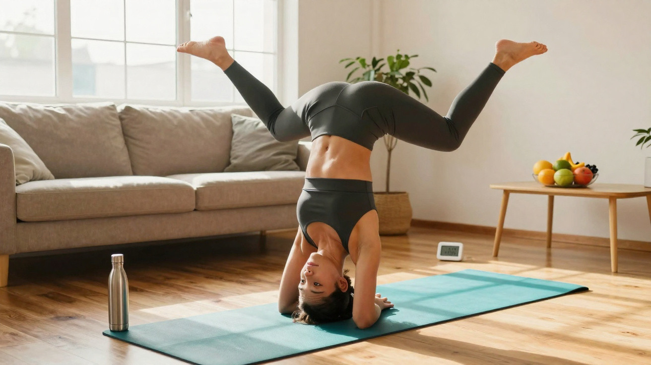 Mulher praticando yoga em casa, em pé de cabeça, usando roupa esportiva preta sobre tapete azul.