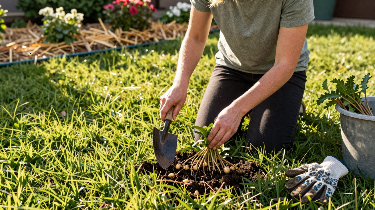 Pessoa com pá de jardinagem plantando mudas na grama ao ar livre em dia ensolarado.