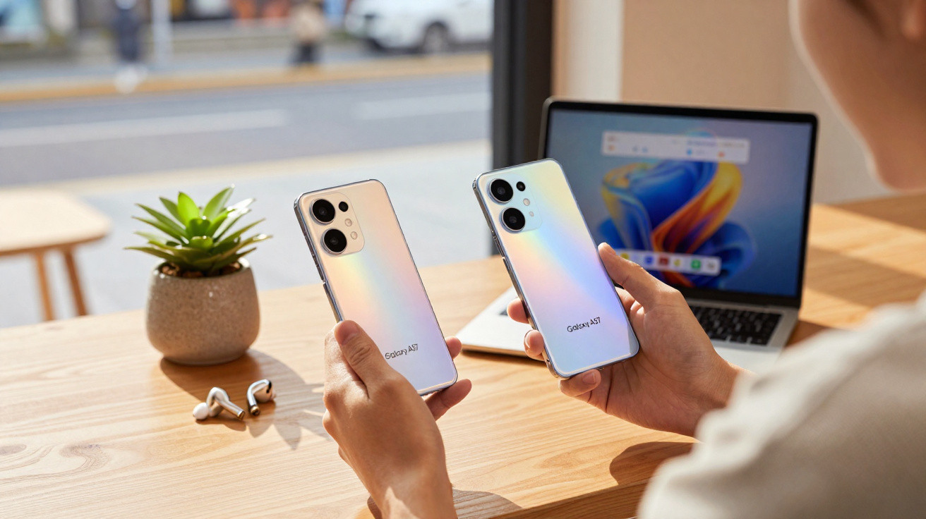 Pessoa segurando dois smartphones Samsung Galaxy A73 e A33 com fundo de notebook e planta sobre mesa de madeira.