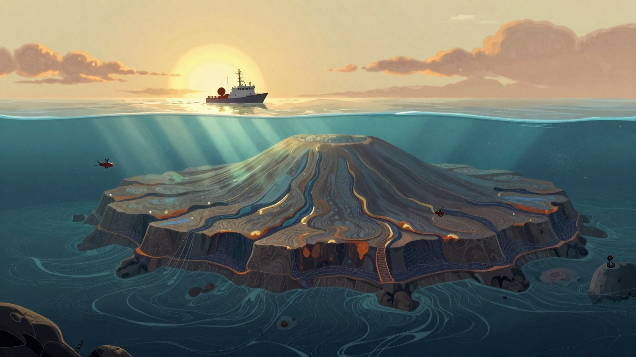 Ilustração de vulcão submerso com luz solar e barco na superfície do mar ao entardecer.