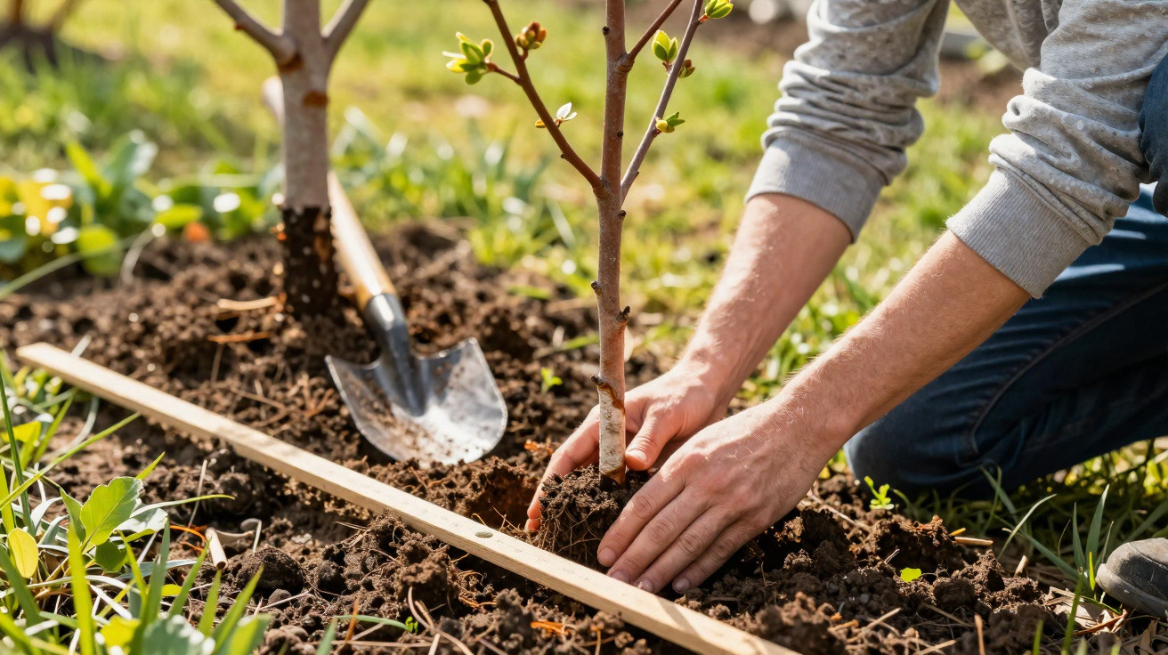 Pessoa plantando muda de árvore com pá e régua no solo em área externa gramada.