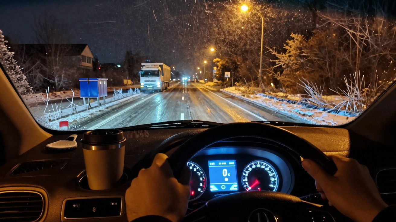 Visão noturna pelo para-brisa de carro dirigindo em estrada congelada com caminhão à frente e copo de café no painel.