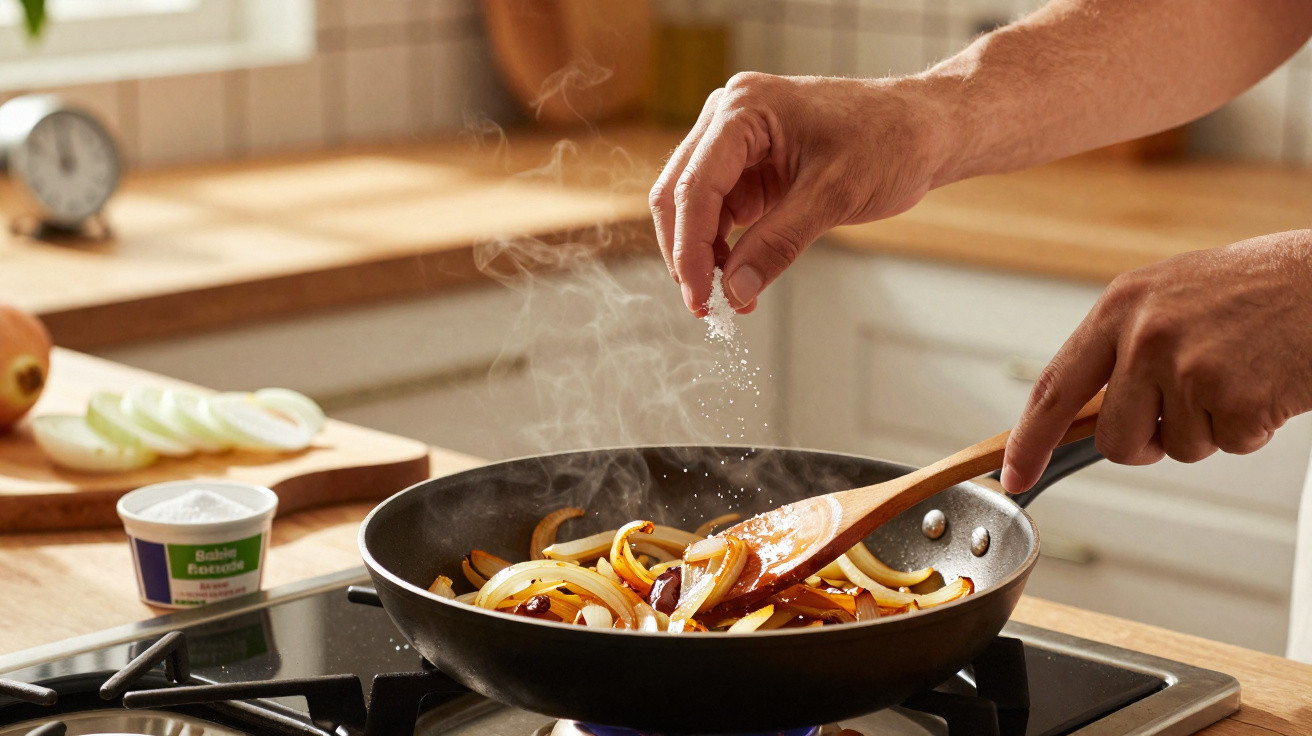 Mãos temperando cebolas e outros legumes sendo refogados em frigideira sobre fogão a gás em cozinha.