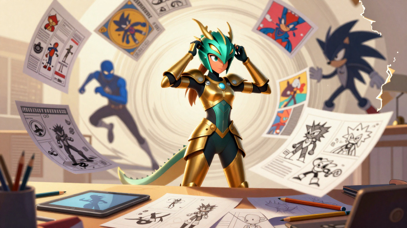 Personagem com armadura dourada e capacete verde em mesa com desenhos e papéis de arte flutuando ao redor.