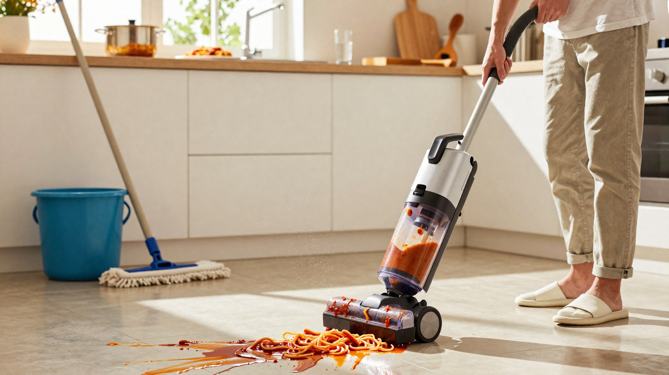 Pessoa usando aspirador para limpar espaguete e molho do chão da cozinha clara.