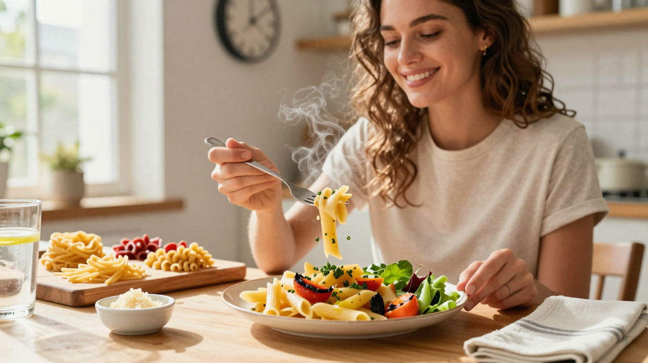 Mulher sorridente comendo macarrão fresco com salada em cozinha iluminada pela luz natural.