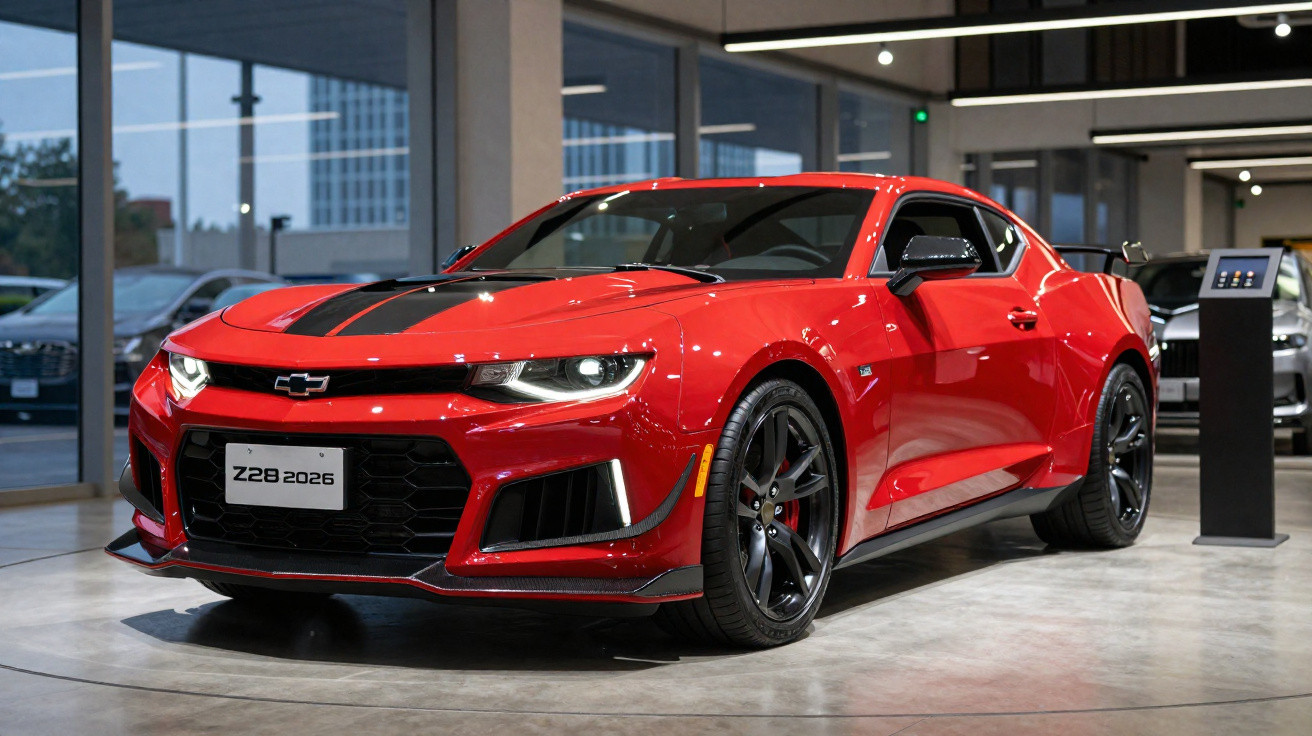 Carro esportivo vermelho Chevrolet Camaro Z28 2026 em exposição interna com faixas pretas no capô.