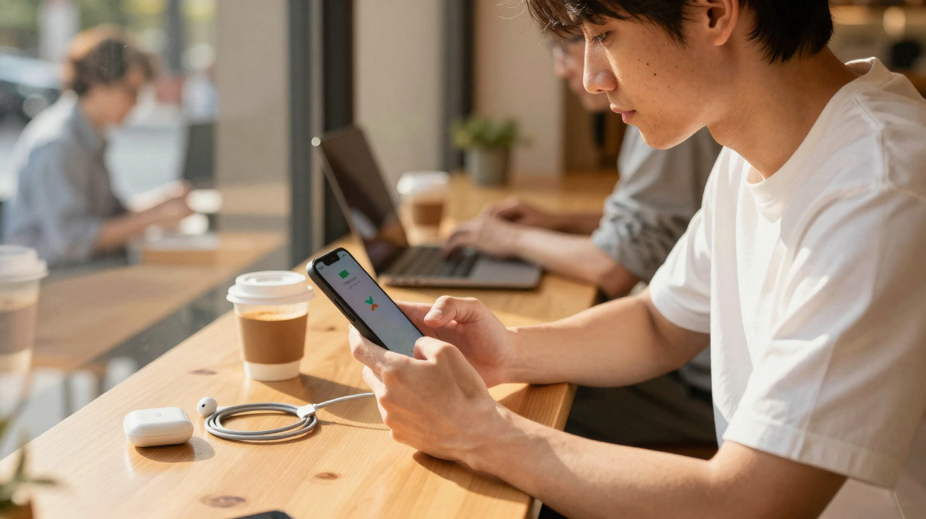 Homem usando celular sentado à mesa de madeira em cafeteria com fones e café ao lado.