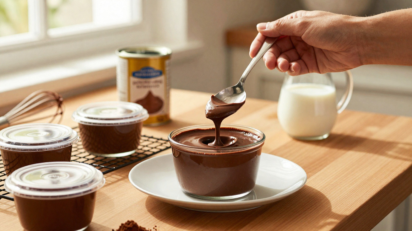Mão segurando colher com brigadeiro cremoso sobre pote de vidro em mesa com leite e outros potes de brigadeiro.