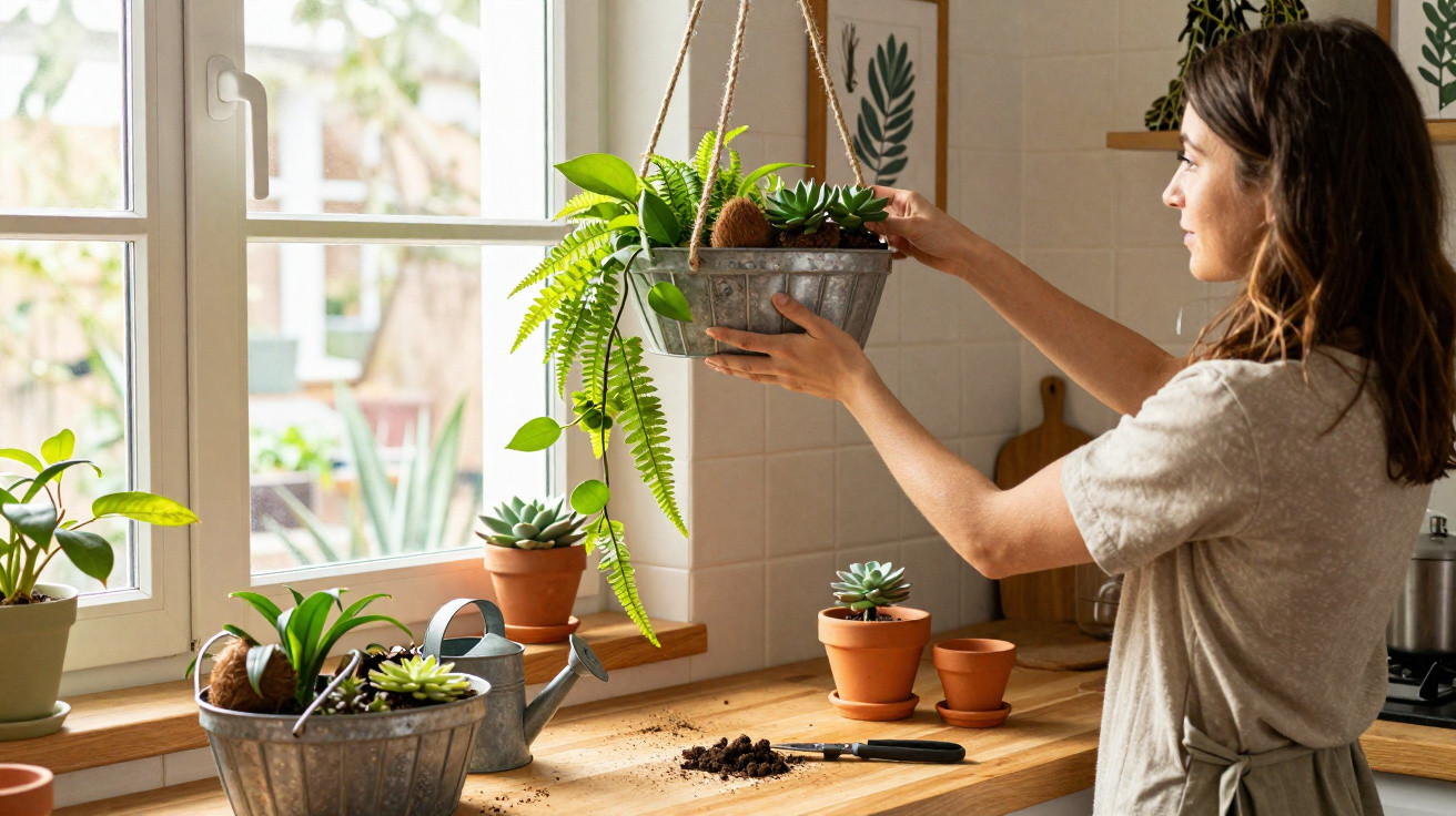 Mulher cuidando de plantas em vaso suspenso na cozinha, com outras plantas e terra sobre bancada de madeira.