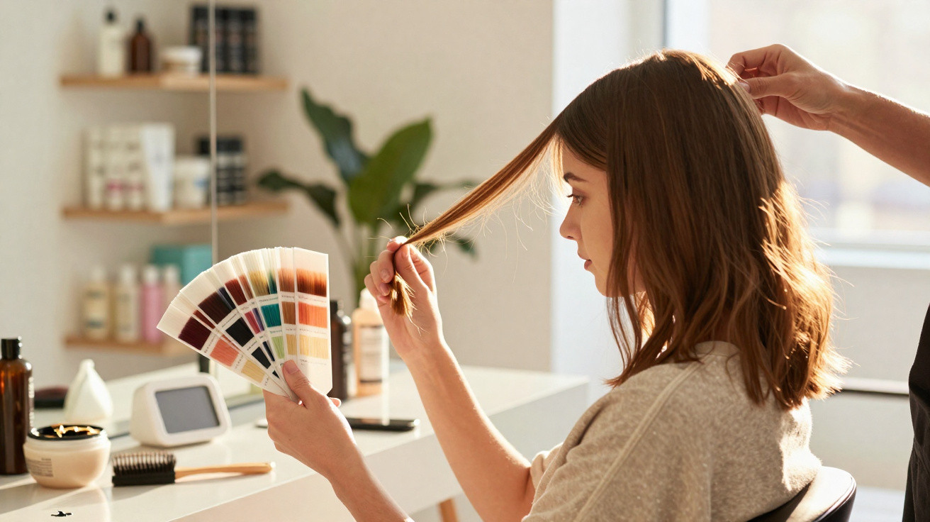 Mulher no salão de beleza analisando amostras de cores para tingir cabelo castanho médio.