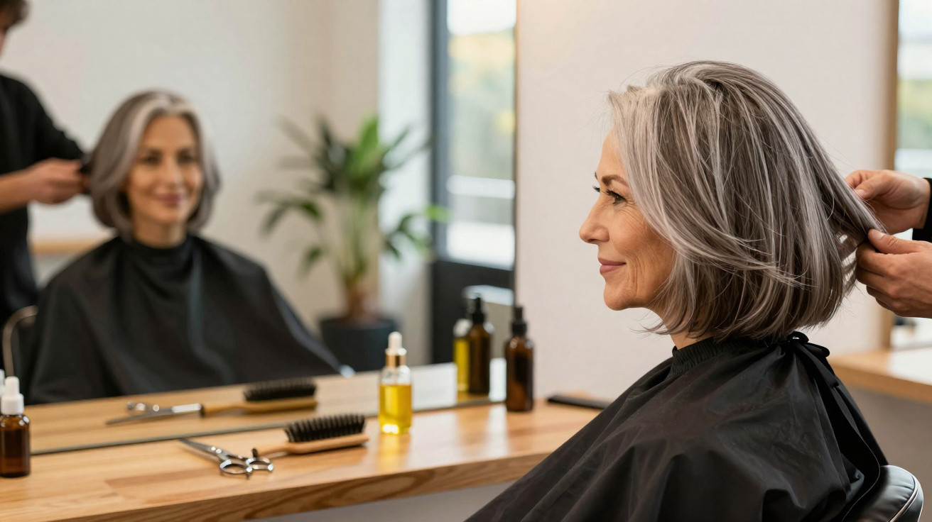 Mulher sorrindo durante corte de cabelo em salão, com espelho e produtos de cabelo ao fundo.