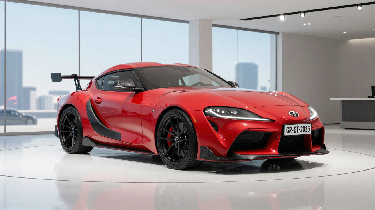 Carro esportivo vermelho Toyota Supra GR estacionado em showroom moderno com grandes janelas.