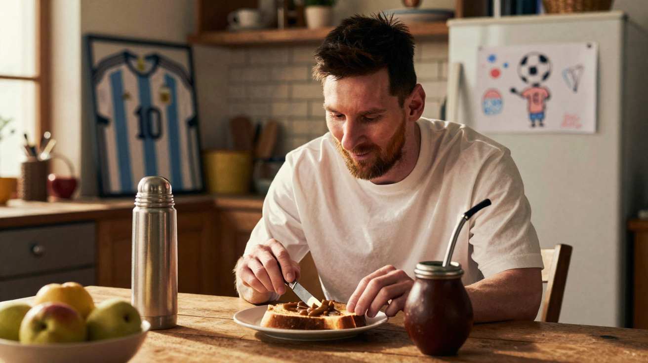 Homem sentado à mesa preparando sanduíche em cozinha com quadro de camisa de futebol argentina ao fundo.