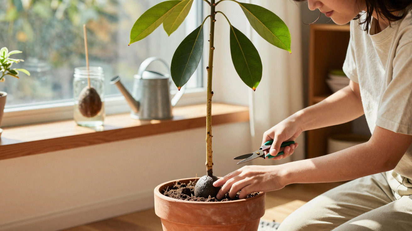 Pessoa cuidando de planta em vaso de barro, com tesoura de poda, perto de janela iluminada.