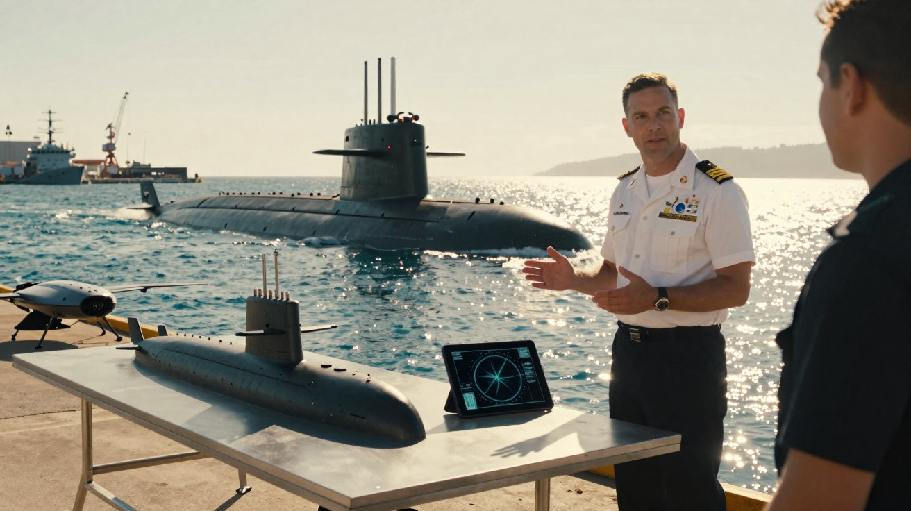 Oficial naval explicando submarino em miniatura na mesa com submarino real ao fundo no mar.