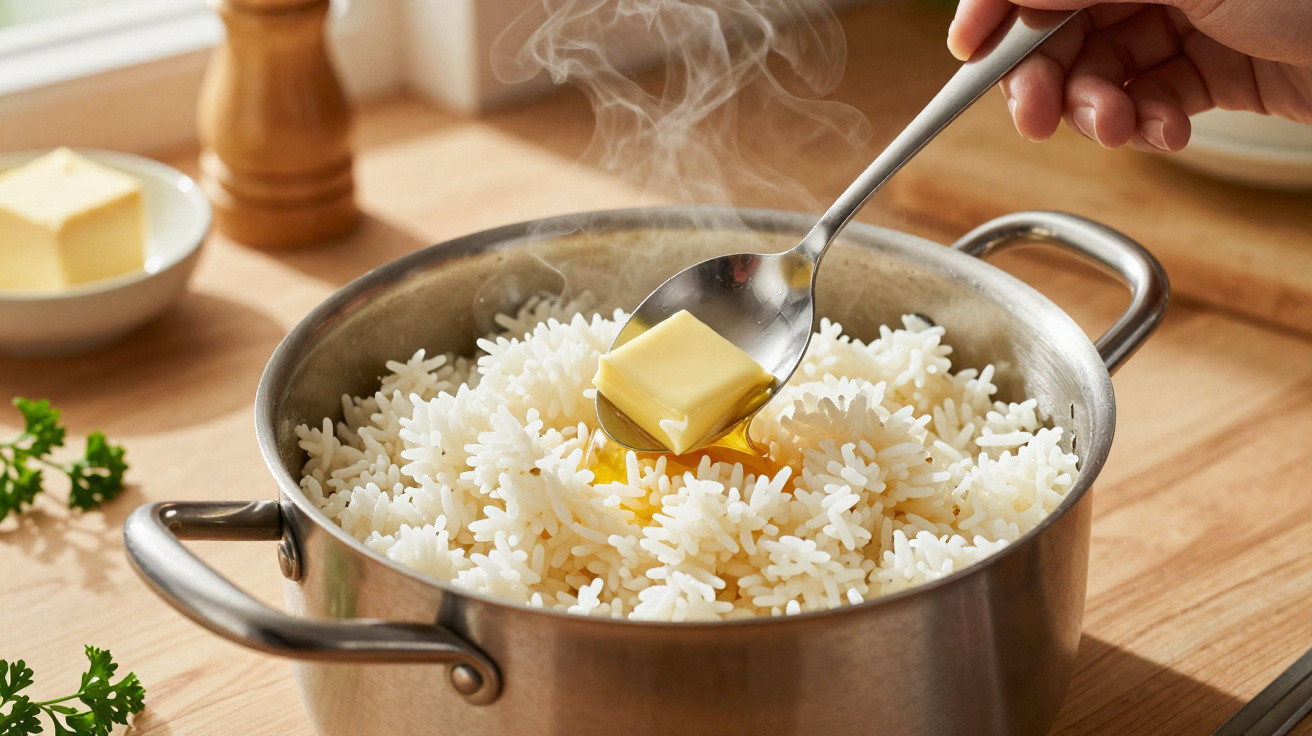 Arroz branco quente em panela de aço com pedaço de manteiga derretendo em colher.