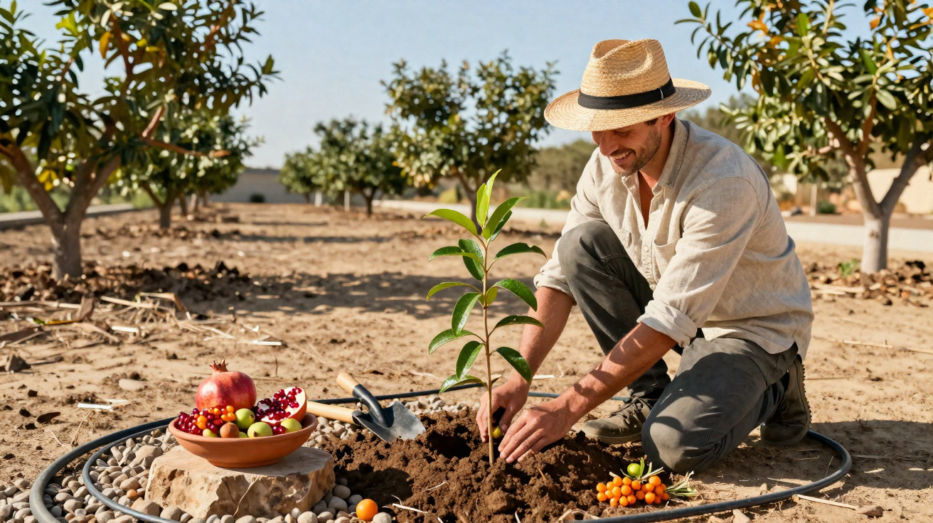 Homem com chapéu plantando muda em pomar seco com tigela de frutas ao lado.