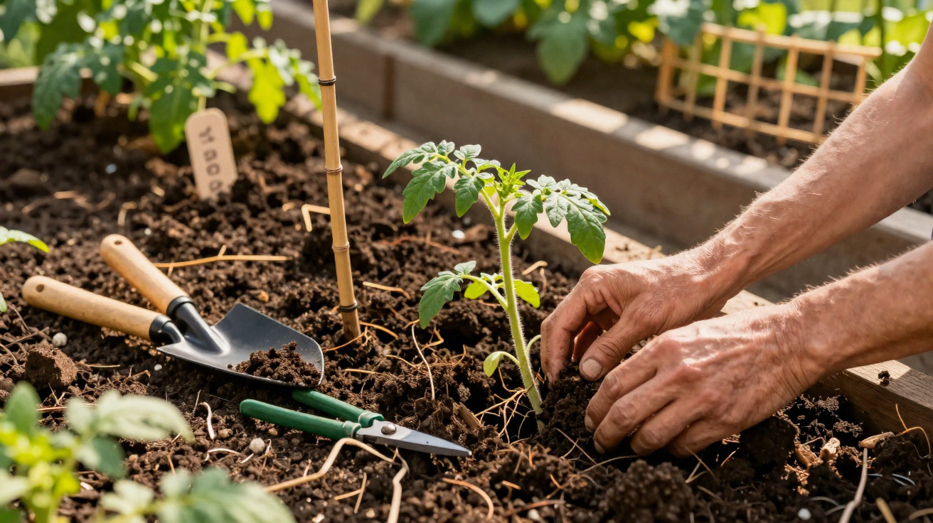 Mãos plantando muda de tomate em canteiro com ferramentas de jardinagem ao redor.