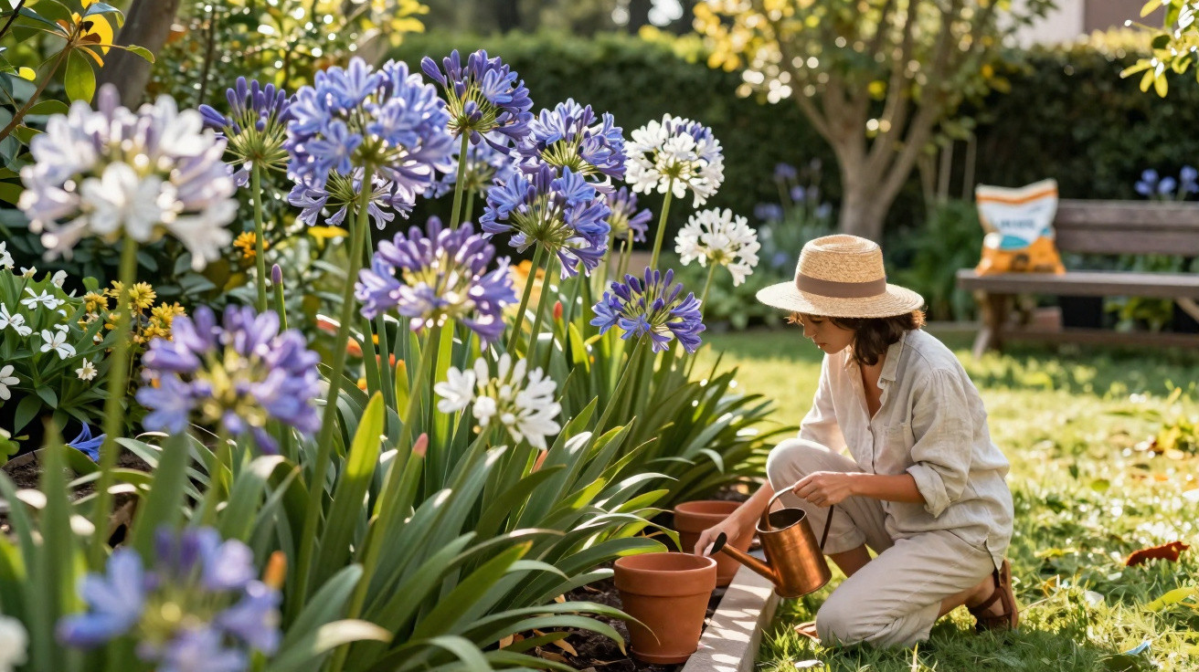 Mulher de chapéu cuidando de vasos próximos a flores roxas e brancas em jardim ensolarado.