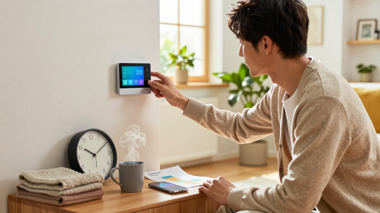 Homem ajusta termostato digital na parede em ambiente interno com mesa, relógio, celular e xícara de café fumegante.