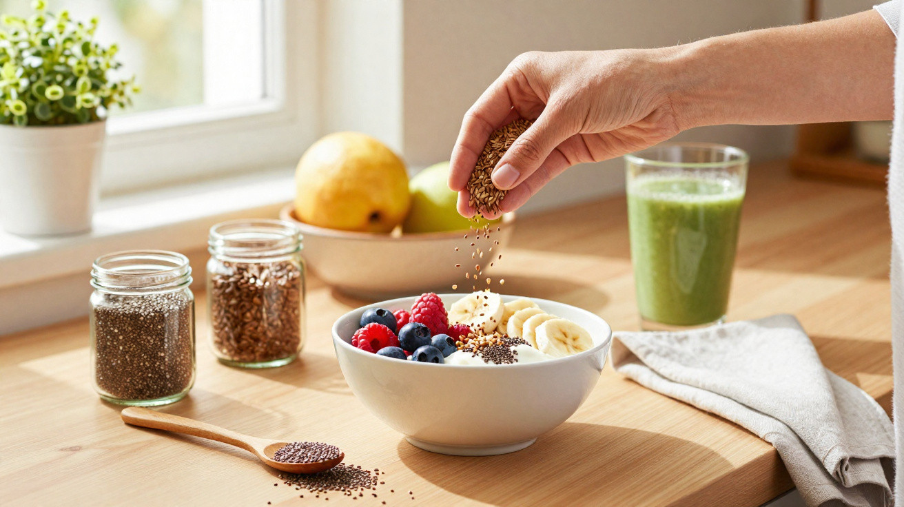 Mão polvilhando sementes em tigela com frutas e iogurte, ao lado de copo com suco verde em mesa de cozinha.