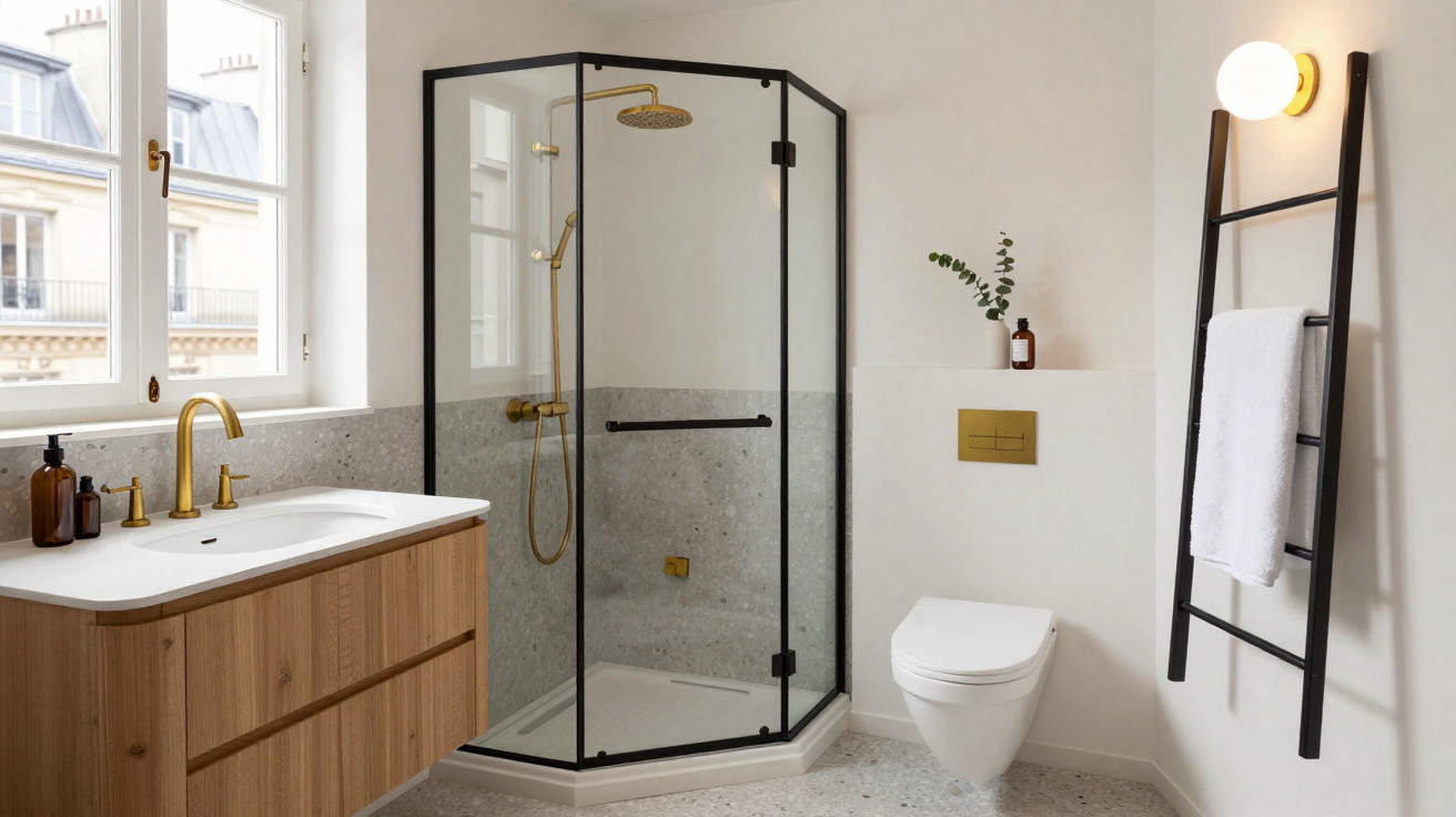 Banheiro moderno com box de vidro, vaso sanitário suspenso, armário de madeira e toalha pendurada em escada decorativa.