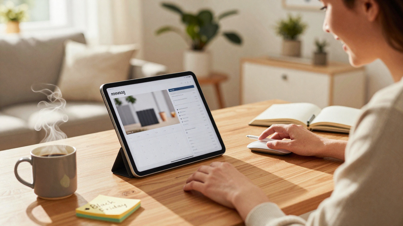Pessoa usando tablet com agenda digital, ao lado de xícara de café fumegante e bloco de notas sobre mesa de madeira.