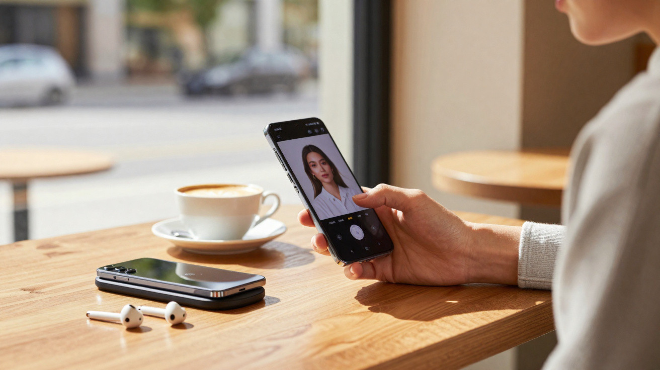Pessoa segurando celular para selfie em mesa de madeira com café, fones e outro celular ao lado.