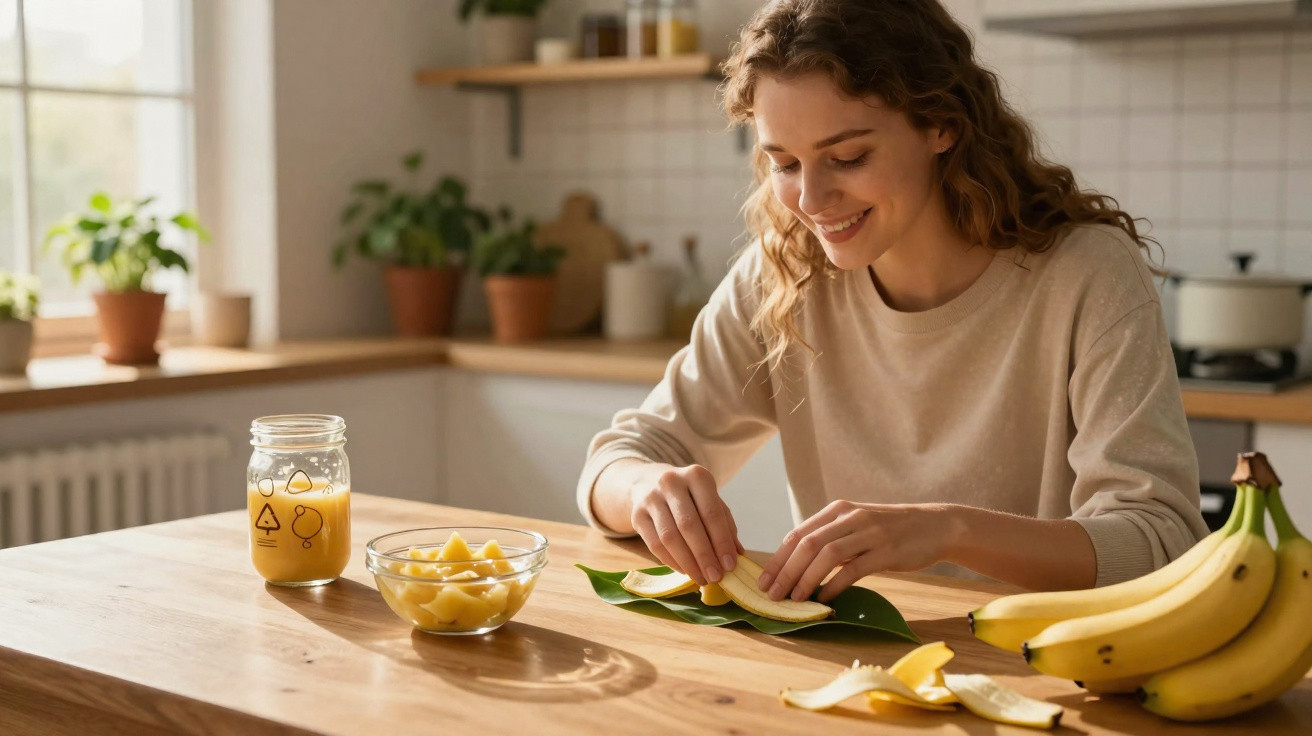 Mulher sorridente descascando banana em cozinha com jarra de suco, bowl de frutas e plantas ao fundo.