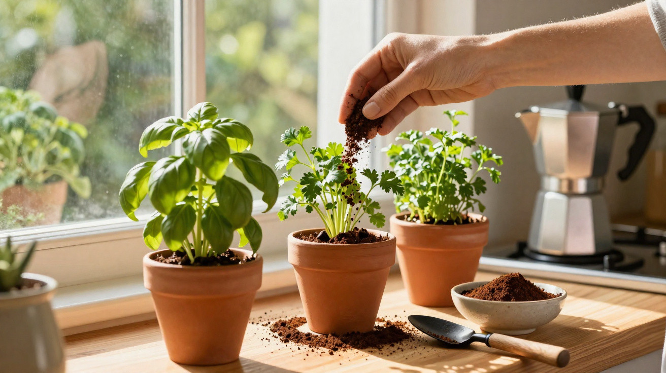 Mão colocando terra em vasos com plantas de ervas na bancada junto à janela de cozinha.