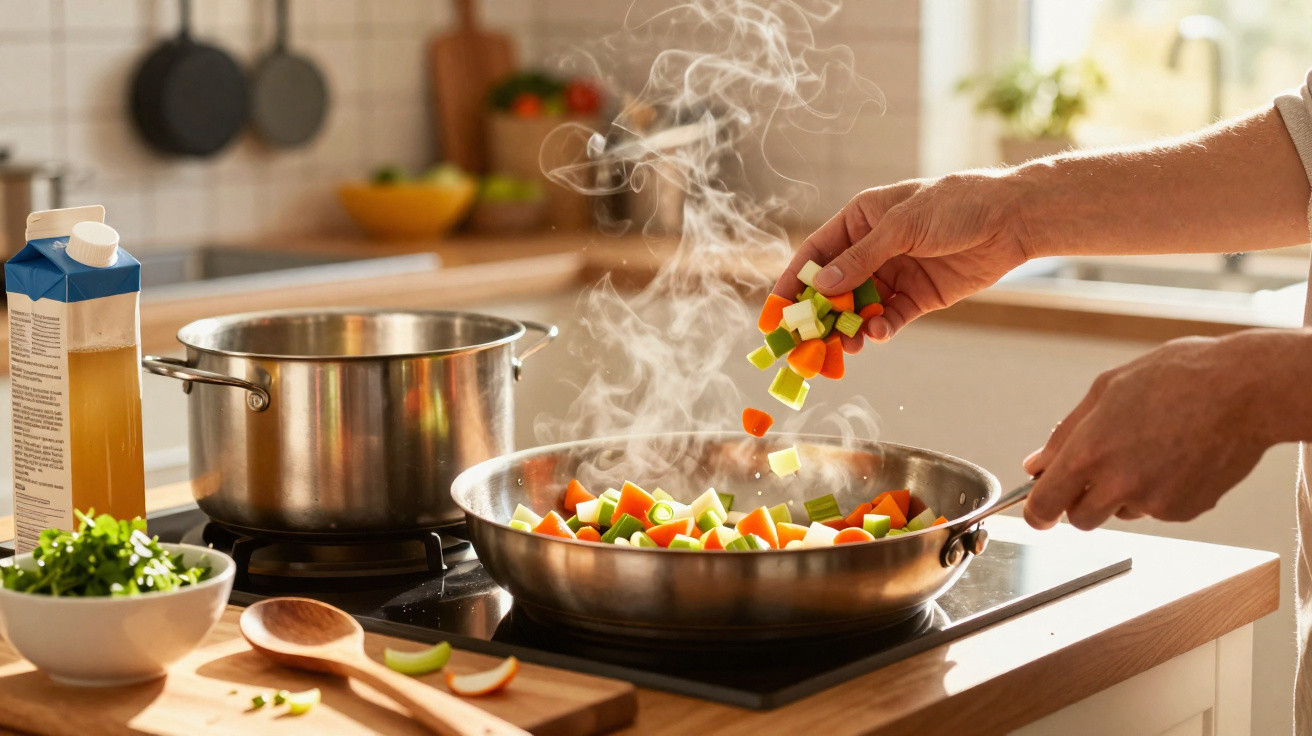 Pessoa colocando legumes picados em frigideira com vapor na cozinha iluminada.