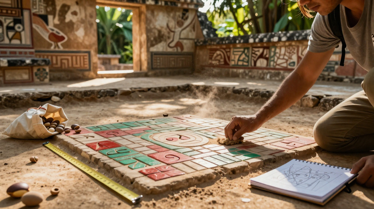 Pessoa limpando tabuleiro de jogo tradicional em pedra com peças de madeira, em ambiente ao ar livre.
