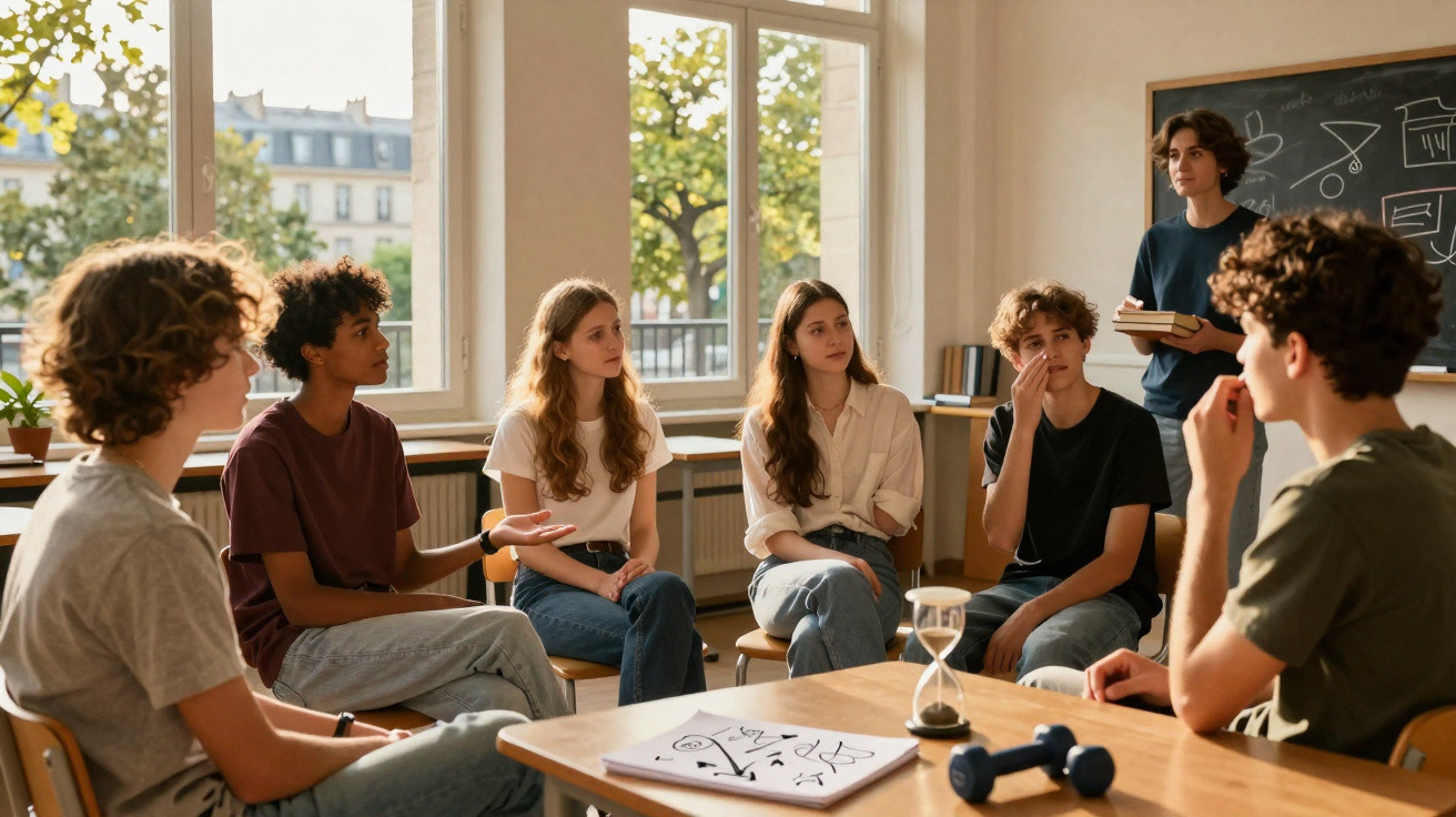 Grupo de jovens em roda, discutindo em sala de aula com livros, quadro e relógio de areia na mesa.