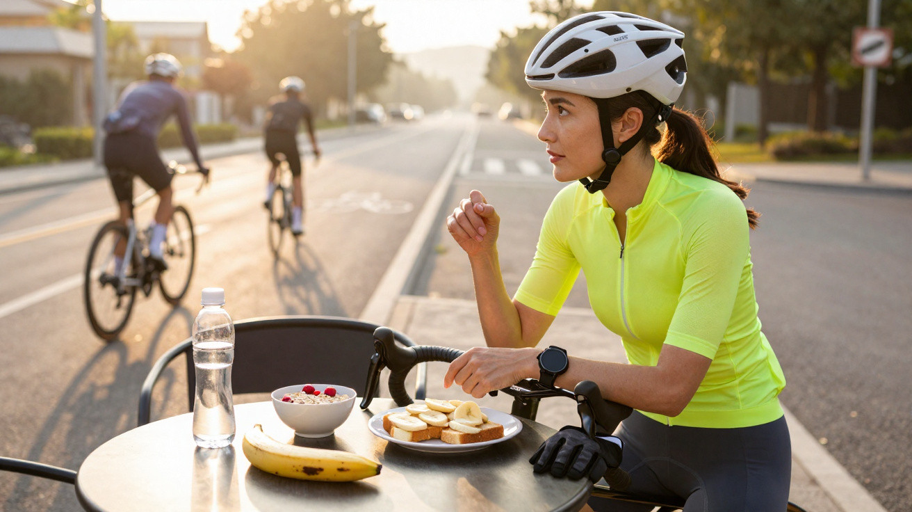 Mulher ciclista com capacete branco e roupa amarela pausa para comer frutas e lanche em mesa na rua.