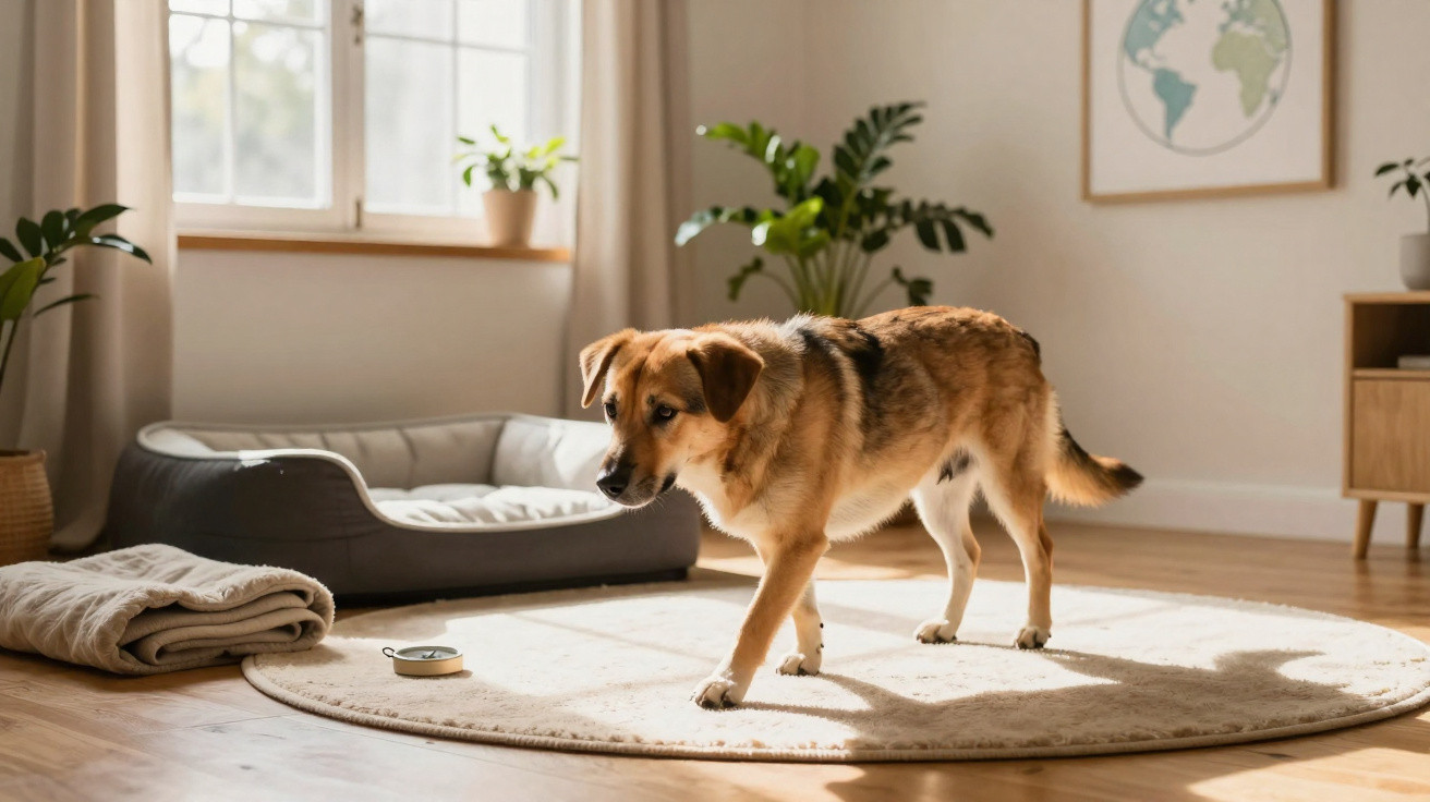 Cão marrom e preto andando em tapete redondo em sala com cama para cachorro e plantas verdes.