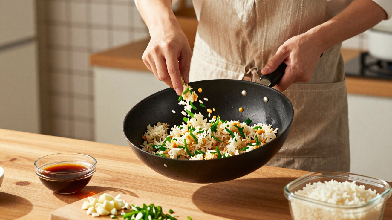 Pessoa preparando arroz frito com legumes em wok na cozinha, com ingredientes na bancada.