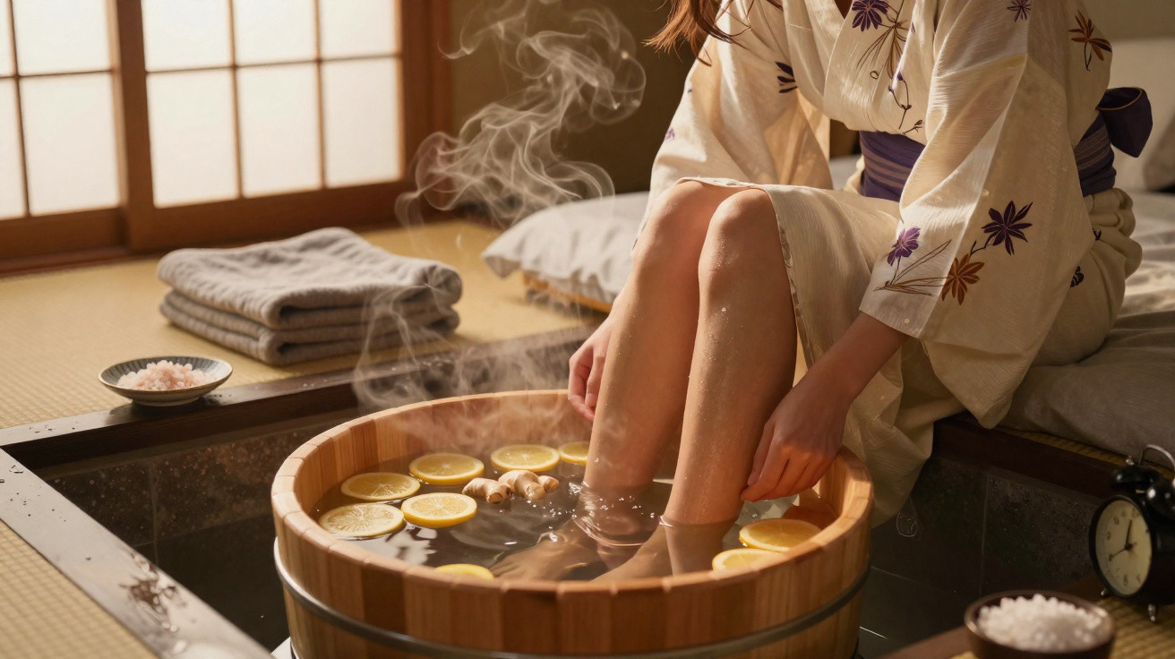 Mulher com robe branco faz escalda-pés em bacia de madeira com rodelas de limão e gengibre, ambiente relaxante.