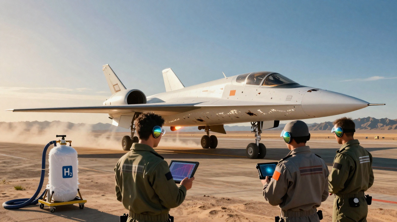 Três técnicos com tablets monitoram avião futurista em pista de deserto, ao lado de cilindro de hidrogênio.