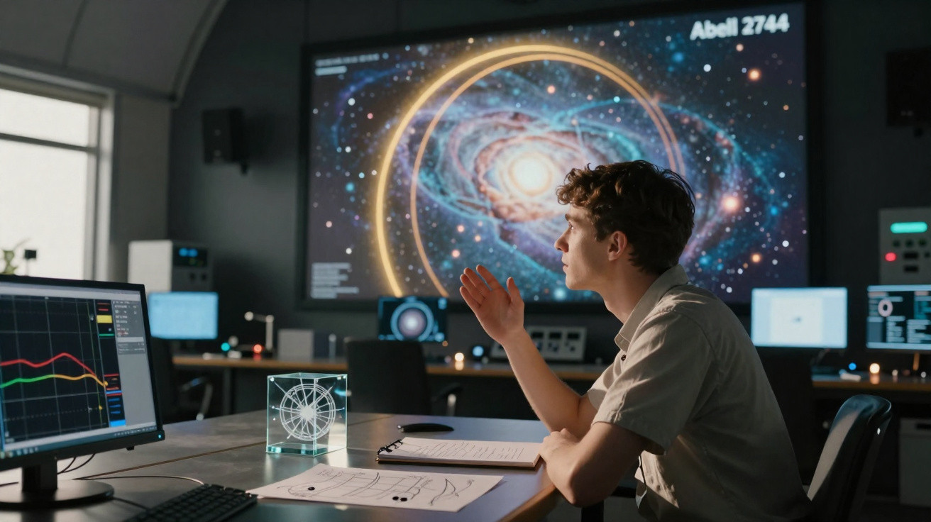 Jovem cientista analisando dados astronômicos em sala com gráficos e imagem de galáxia projetada.