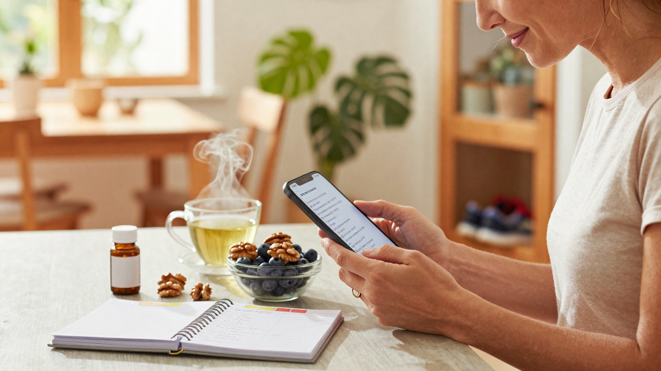 Mulher segurando celular com app de saúde, chá quente, caderno aberto, nozes e mirtilos na mesa.