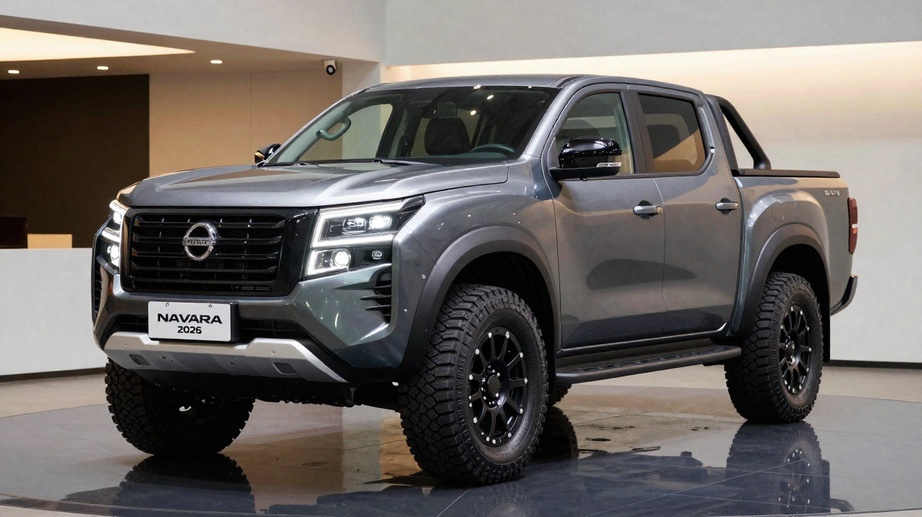 Picape Nissan Navara 2026 cinza, em ambiente interno com iluminação destacando detalhes robustos e rodas pretas.
