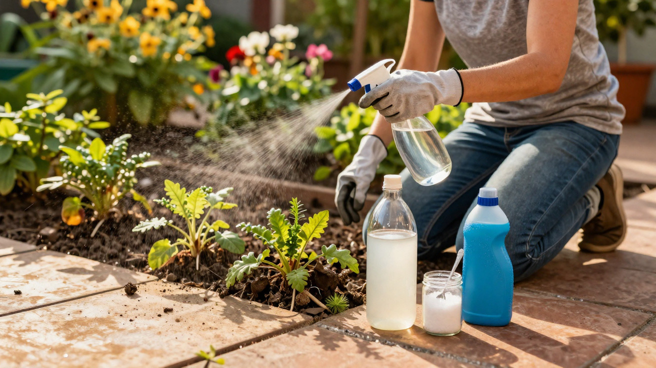Pessoa regando plantas jovens com borrifador em jardim com flores ao fundo, usando luvas brancas.