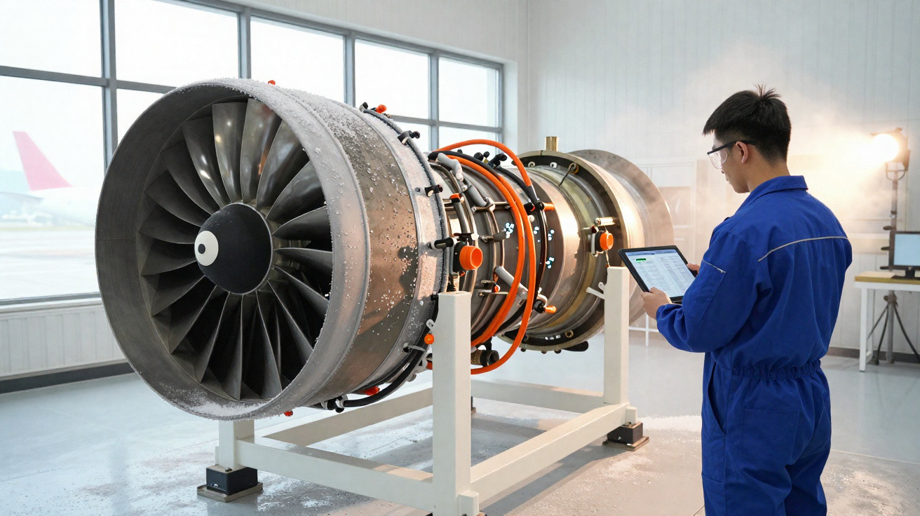 Engenheiro em uniforme azul analisa turbina de motor a jato em ambiente industrial iluminado.